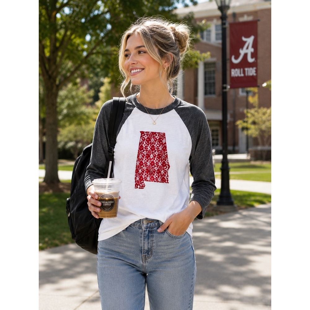 Eliza Dean Alabama Baseball Tee Lace State Graphic Raglan Shirt Grey White